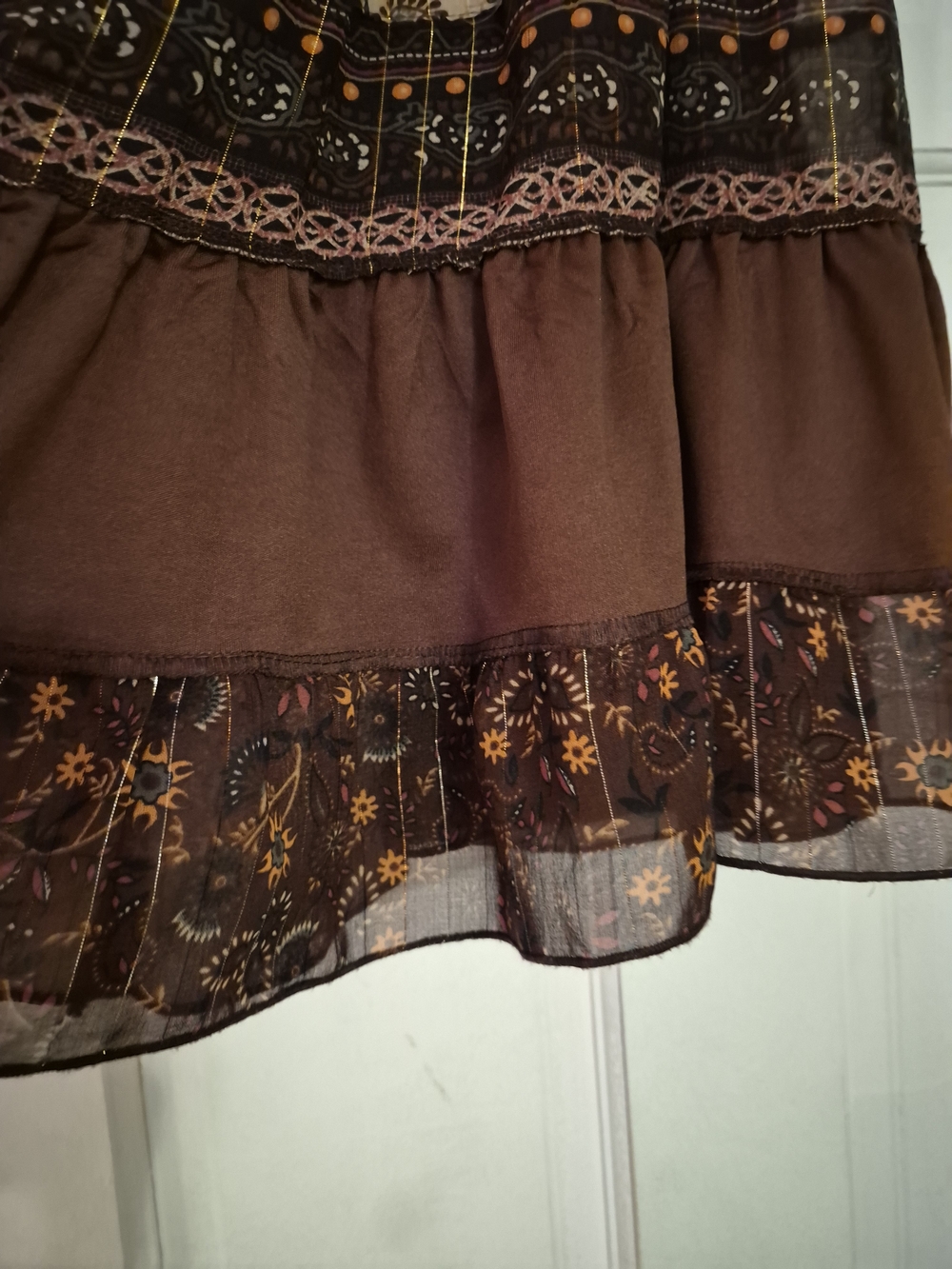 Sweet Lily Elastic Waist Floral Brown Tiered Midi Skirt - Size L - Picture 6 of 12